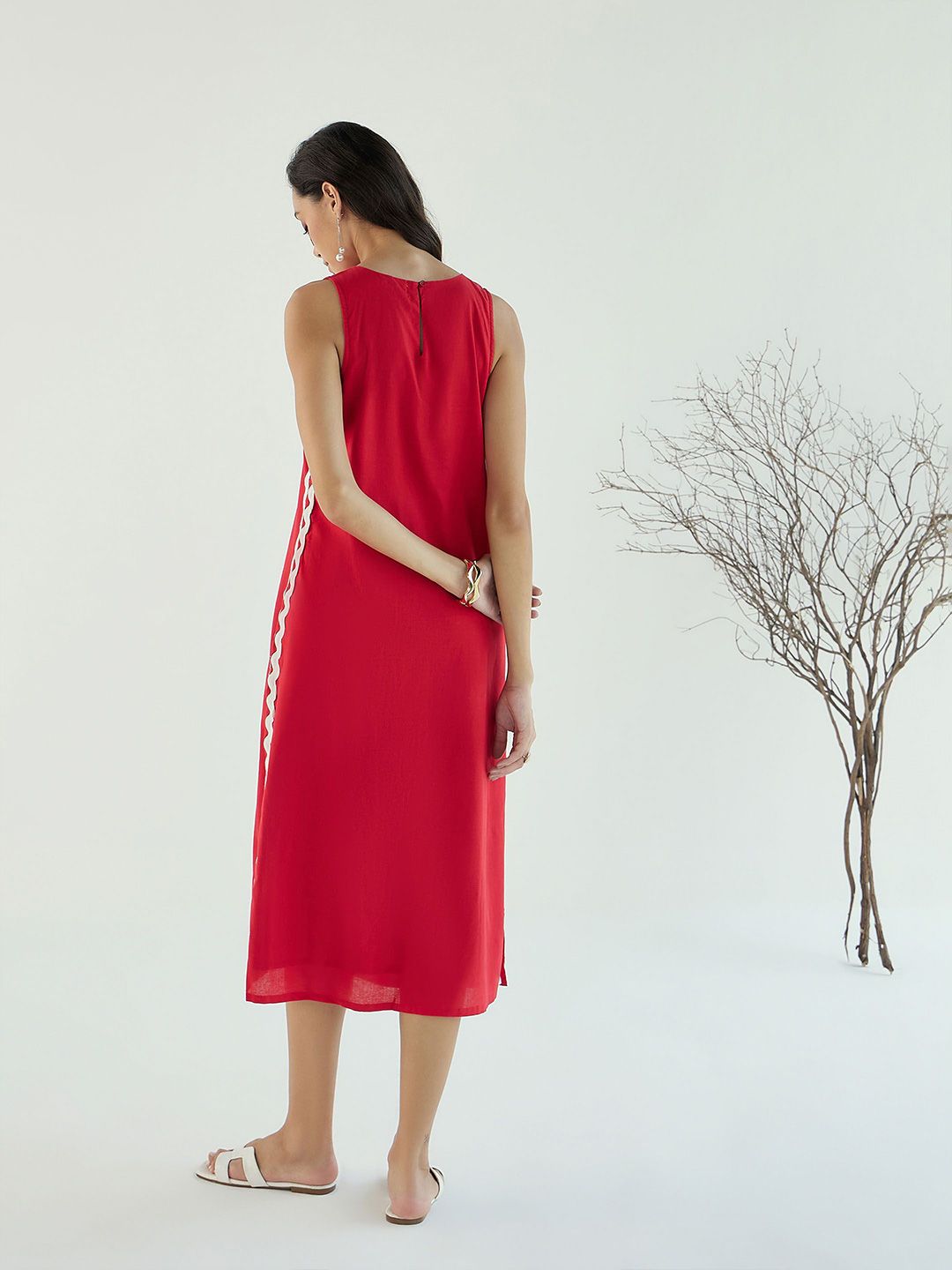 Pink Paprika by SASSAFRAS Women Solid Cotton A-Line Midi Dress