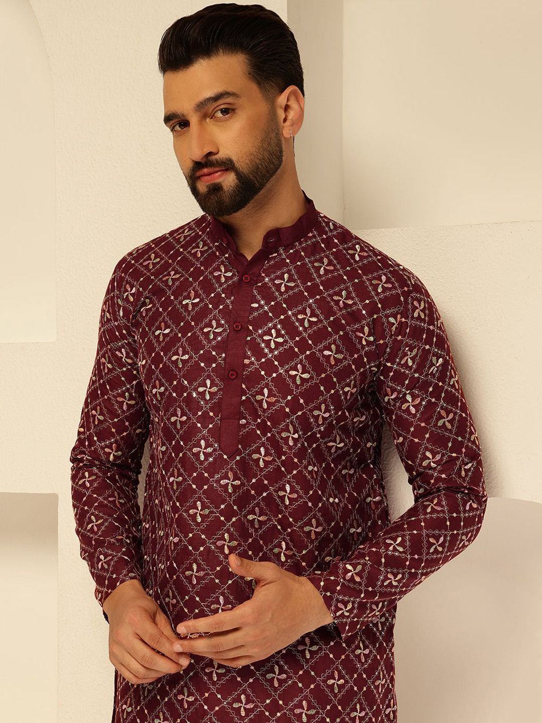 SOJANYA Floral Embroidered Mandarin Collar Thread Work Cotton Silk Straight Kurta