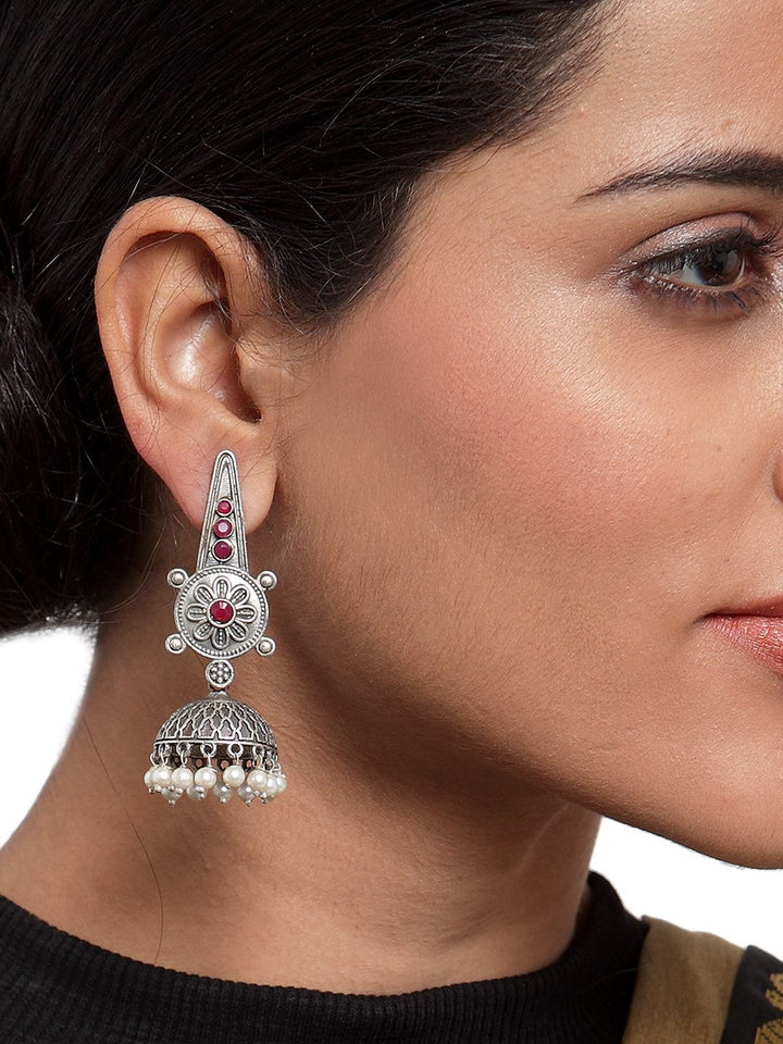 Anouk Silver-Plated Artificial Stones Studded & Beaded Dome Shaped Jhumkas