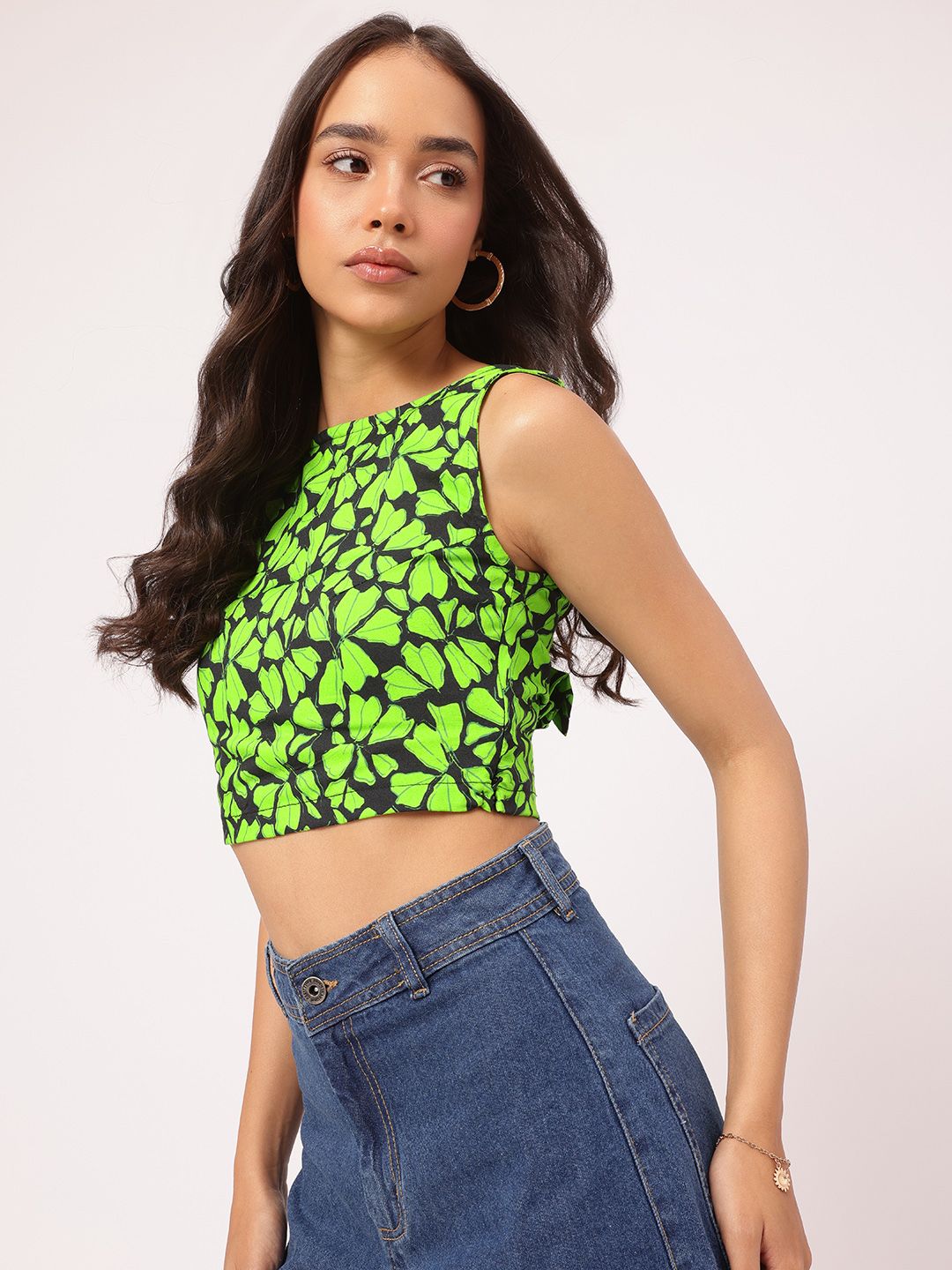 DressBerry Cyber Lime Bow Chic Floral Print Crop Top