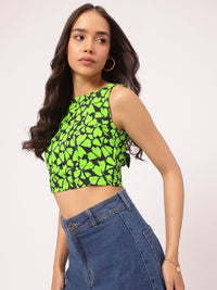 DressBerry Cyber Lime Bow Chic Floral Print Crop Top