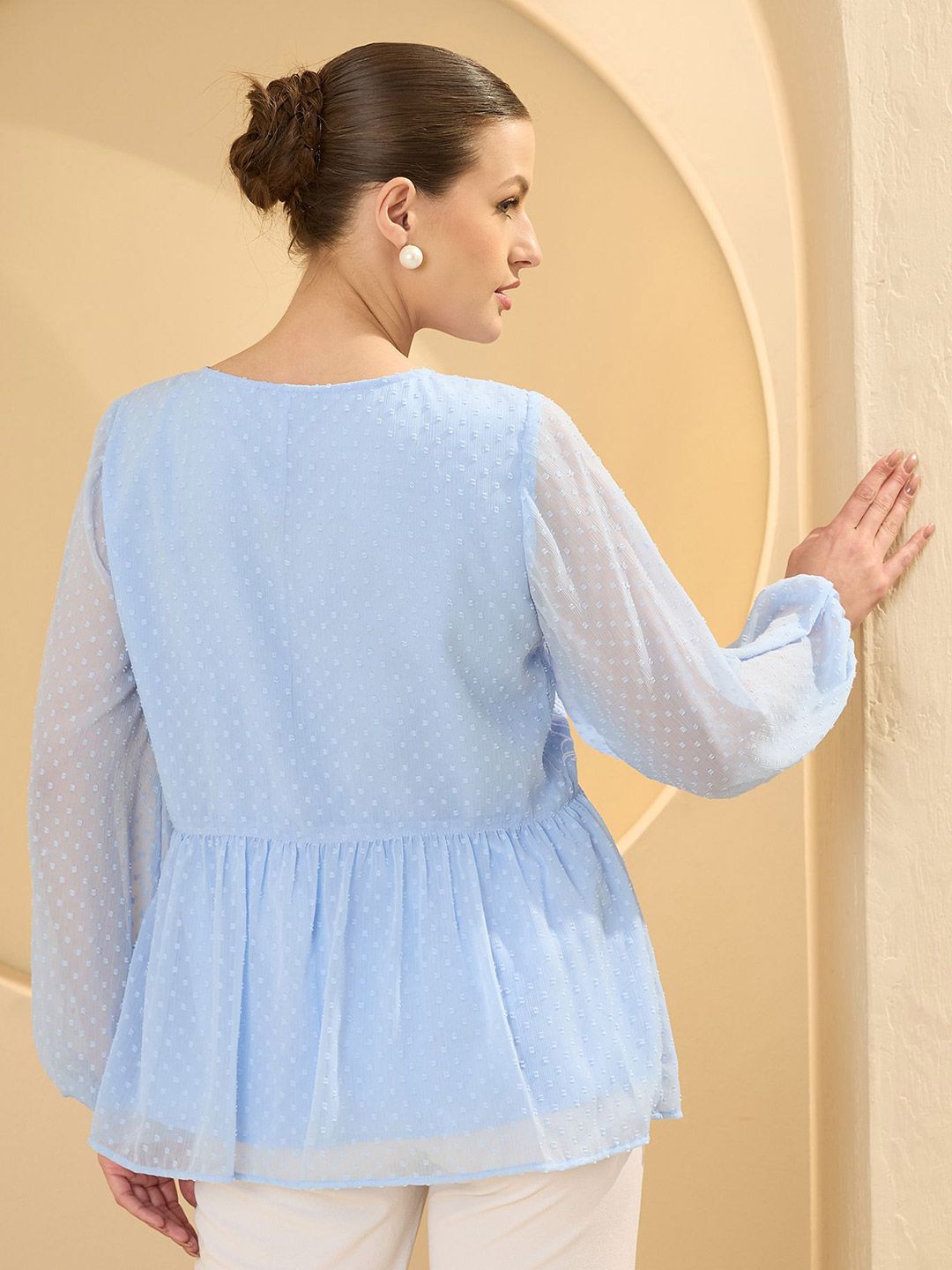 Antheaa Embroidered Self Design Tie-Up Neck Chiffon Top