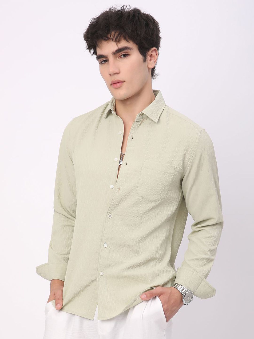 VASTRADO Men Classic Spread Collar Textured Slim Fit Casual Shirt