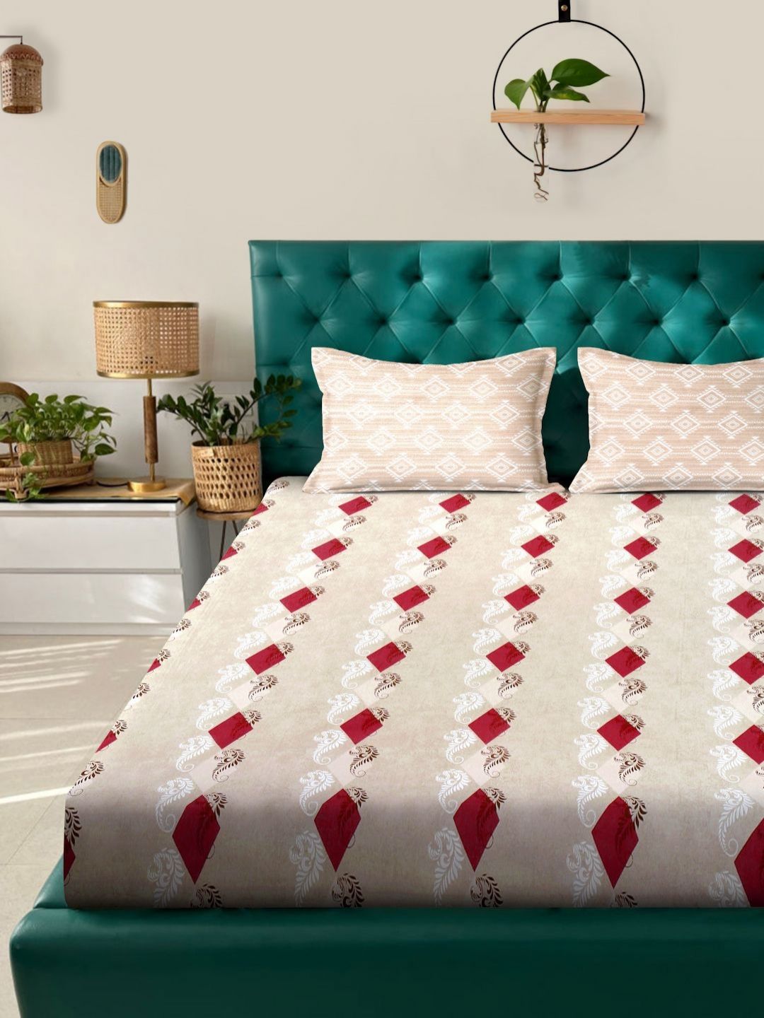 KLOTTHE Beige Geometric Pure Cotton 400 TC King Fine Bedsheet with 2 Pillow Covers-98 x 89 inches
