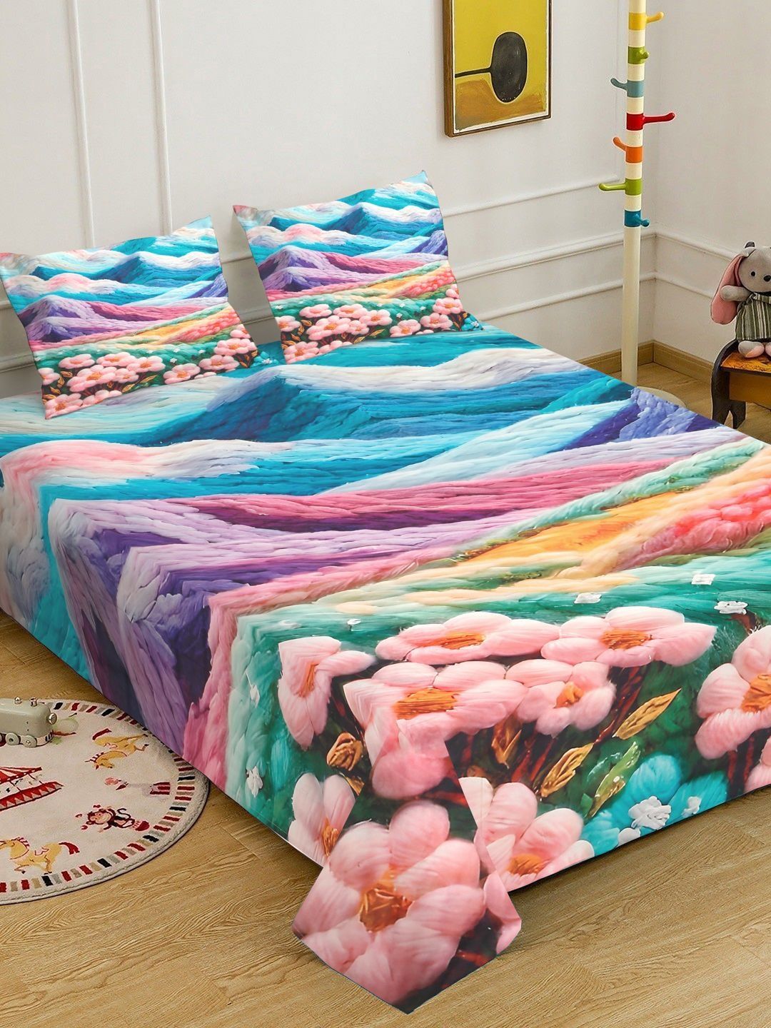 Myntra Elegant Homes Abstract Printed 400 TC King 7D Bedsheet With 2 Pillow Cover