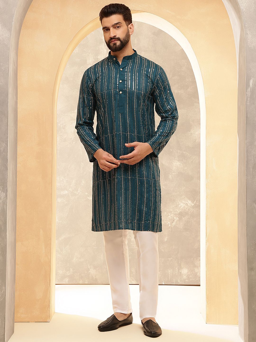 Anouk Blue Striped Embroidered Sequinned Mandarin Collar Pure Cotton Kurta With Pyjama