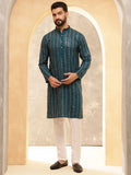 Anouk Blue Striped Embroidered Sequinned Mandarin Collar Pure Cotton Kurta With Pyjama