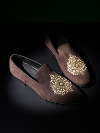 MONKSTORY Maharaja Zardosi Embroidered Slip-Ons - Brown