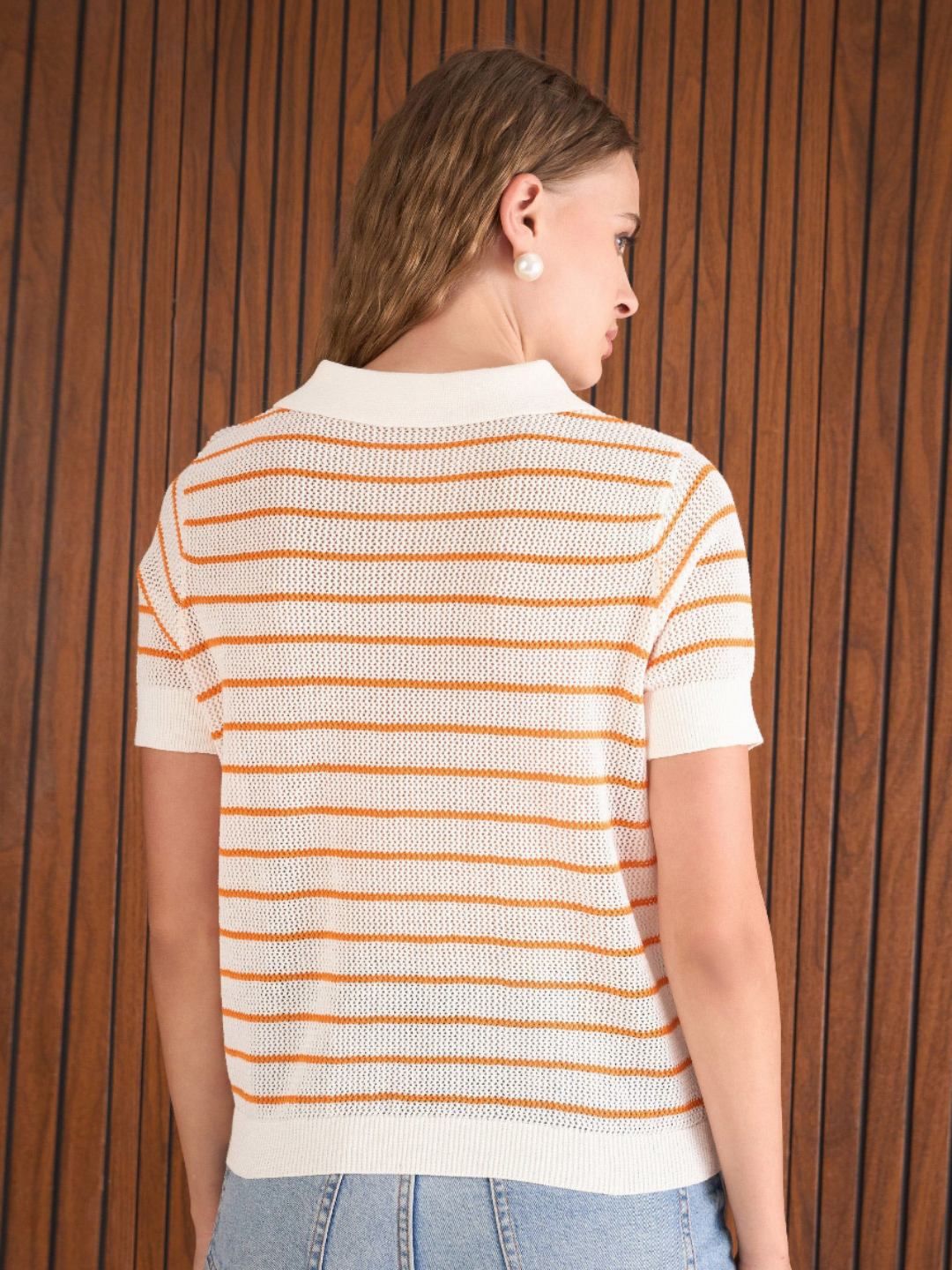 SASSAFRAS Women Crochet Stripess Polo Beach Cover-up T-Shirt