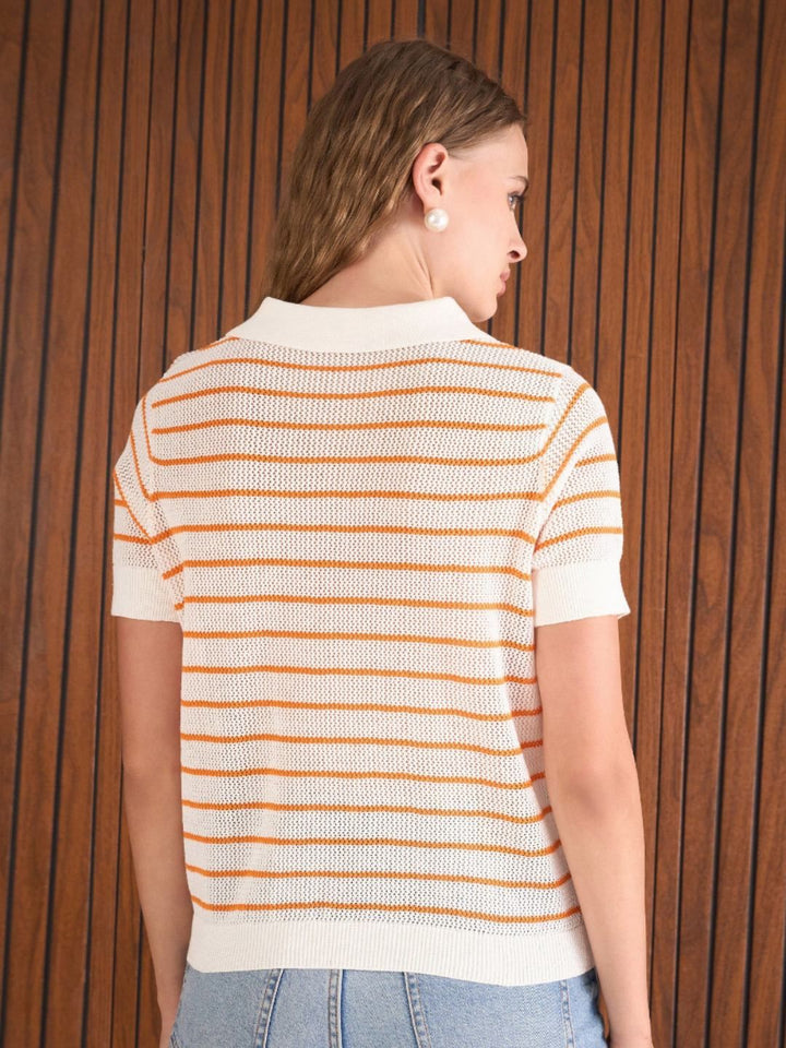 SASSAFRAS Women Crochet Stripess Polo Beach Cover-up T-Shirt