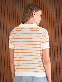 SASSAFRAS Women Crochet Stripess Polo Beach Cover-up T-Shirt