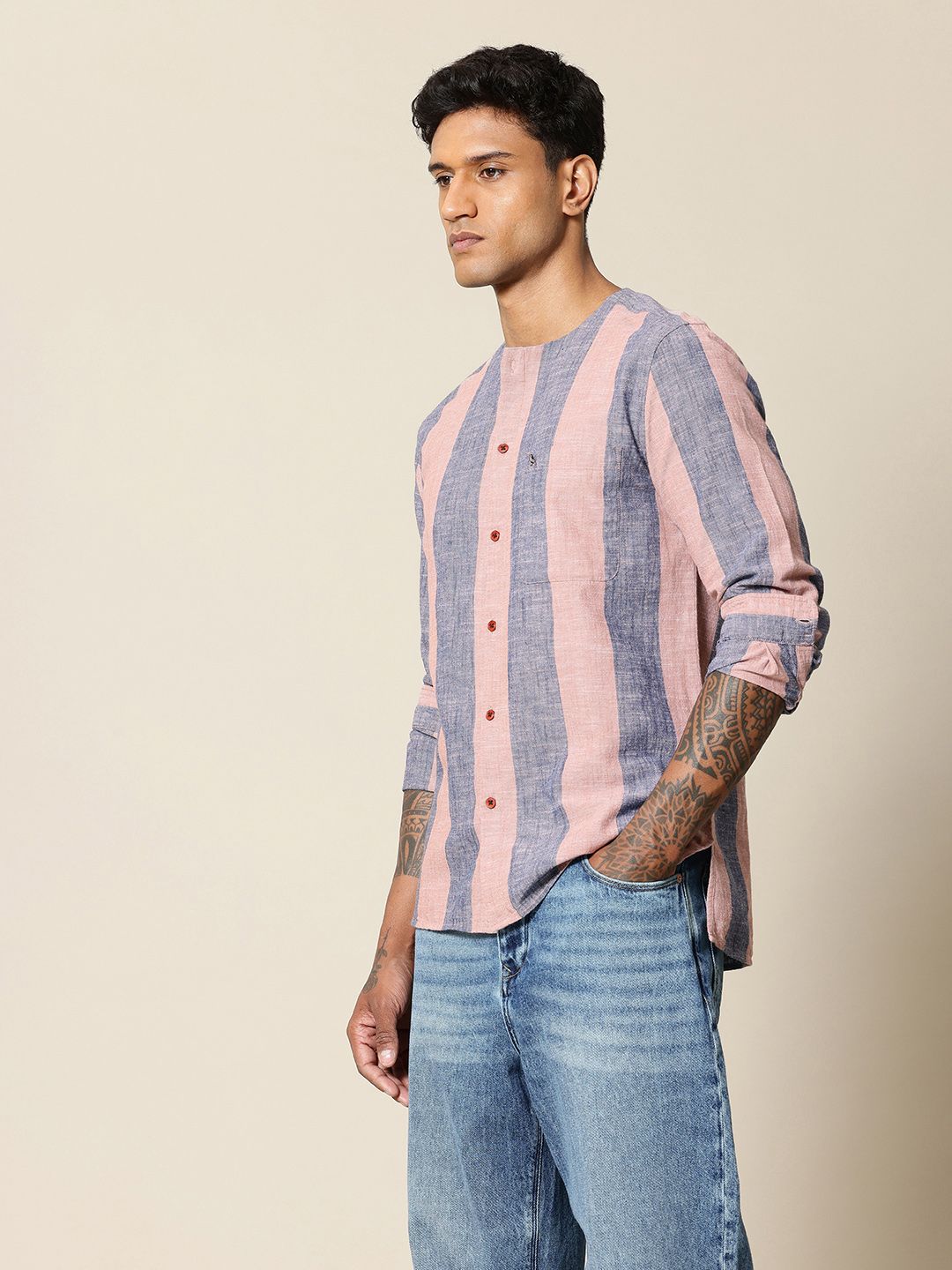 Mr Bowerbird Liberal Fit Self Striped Cotton Linen Casual Shirt