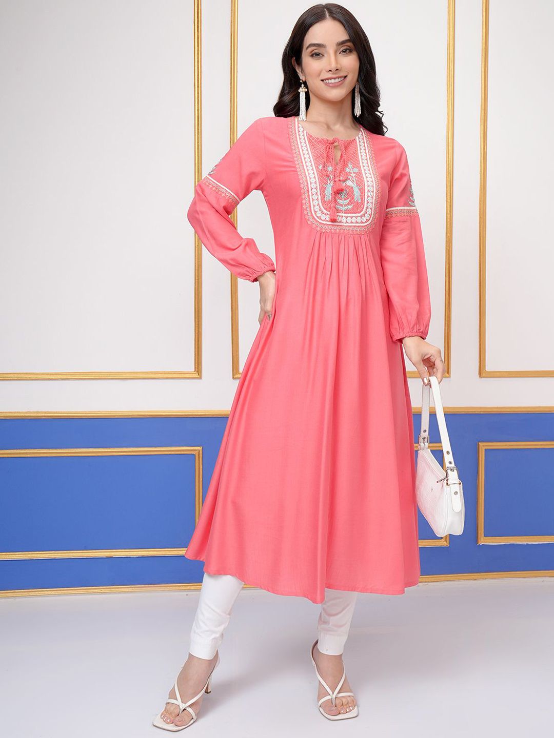 Vishudh Coral Floral Embroidered Tie-Up Neck Thread Work A-Line Kurta