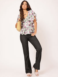 DressBerry Flutter Florals Printed Satin Finish Peplum Top