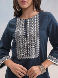Vishudh Blue & White Floral Embroidered Straight Kurta with Trousers