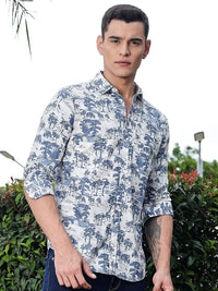 Thomas Scott Men Premium Floral Printed Spread Collar Cotton Casual Shirt