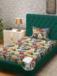 Myntra Elegant Green Floral Printed Fitted 300 TC Single 7D Bedsheet & 1 Pillow Cover