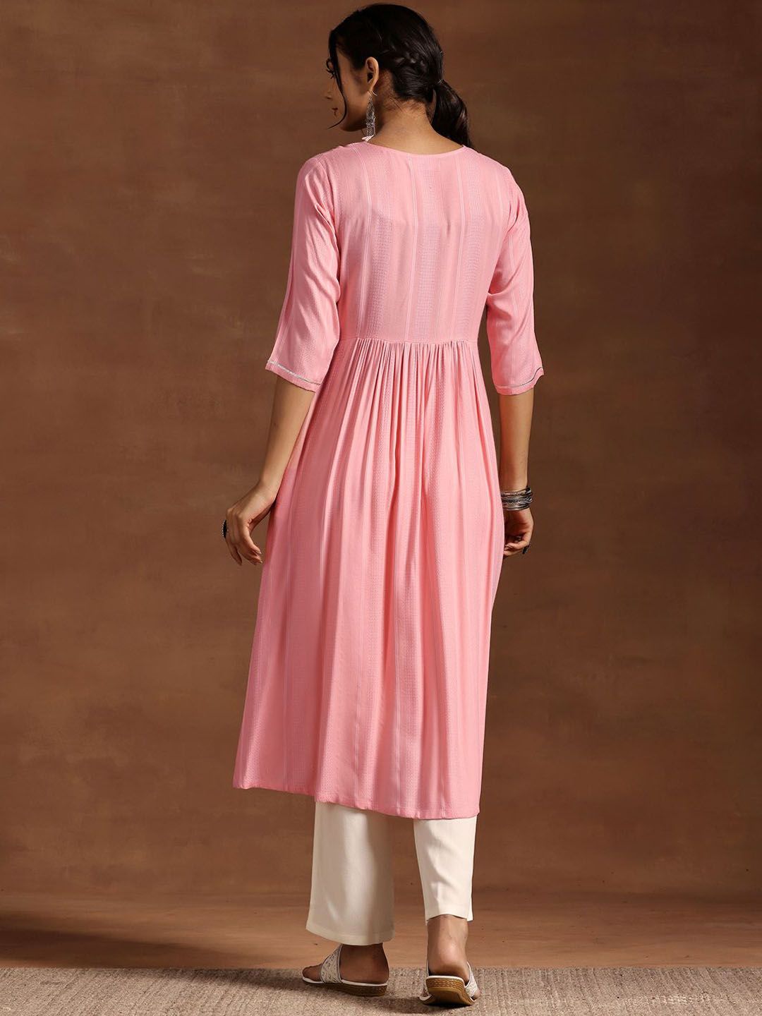 Libas Floral Yoke Design Mirror Work Pleated A-Line Kurta