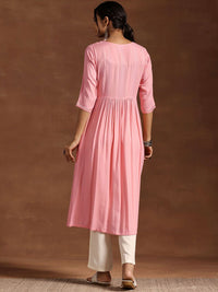 Libas Floral Yoke Design Mirror Work Pleated A-Line Kurta