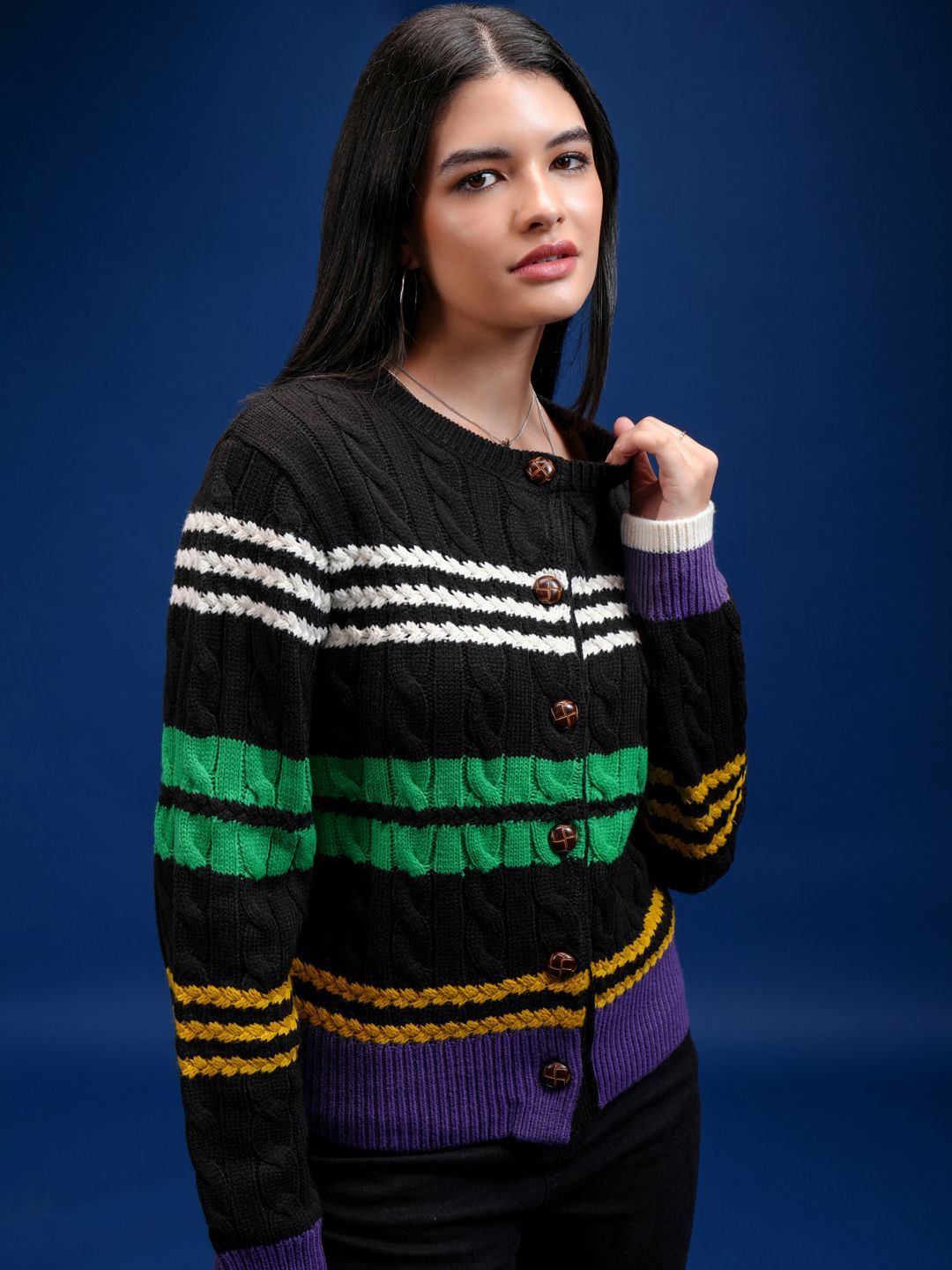 Tokyo Talkies Women Self Design Cable Knit Cardigan Sweater