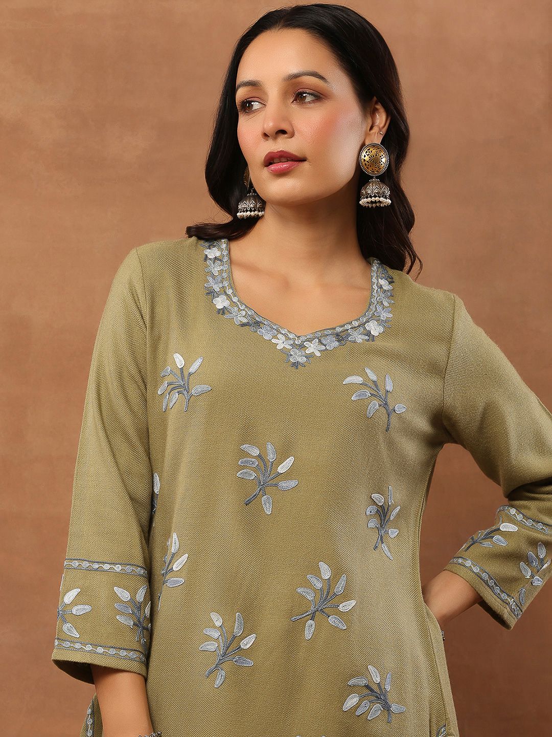 House of Chikankari Women Olive Woolen Aari Sulam Kurta