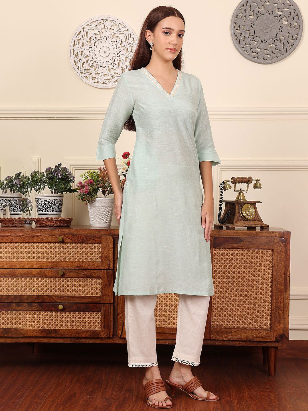 W Blue V-Neck Three-Quarter Sleeves Regular Linen Straight Kurta