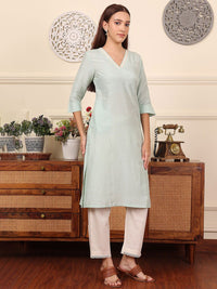 W Blue V-Neck Three-Quarter Sleeves Regular Linen Straight Kurta