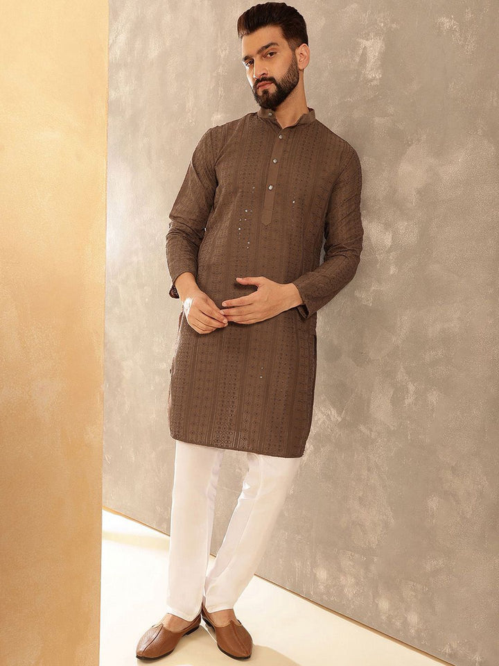 Anouk Brown Geometric Embroidered Sequence Mandarin Collar Straight Kurta