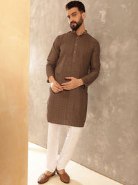 Anouk Brown Geometric Embroidered Sequence Mandarin Collar Straight Kurta
