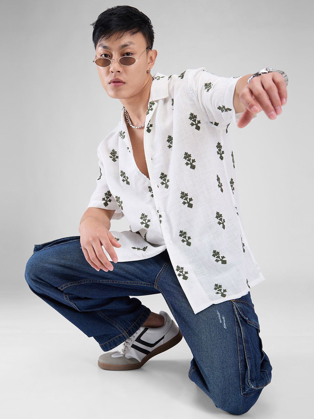 VASTRADO White & Olive Embroidered Cuban Collar Oversized Shirt
