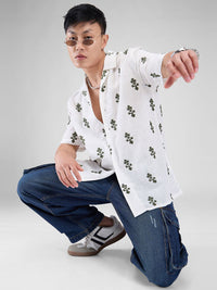 VASTRADO White & Olive Embroidered Cuban Collar Oversized Shirt