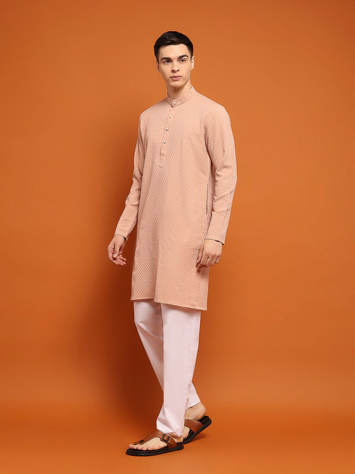 House of Chikankari Men Pink Cotton Embroidered Kurta