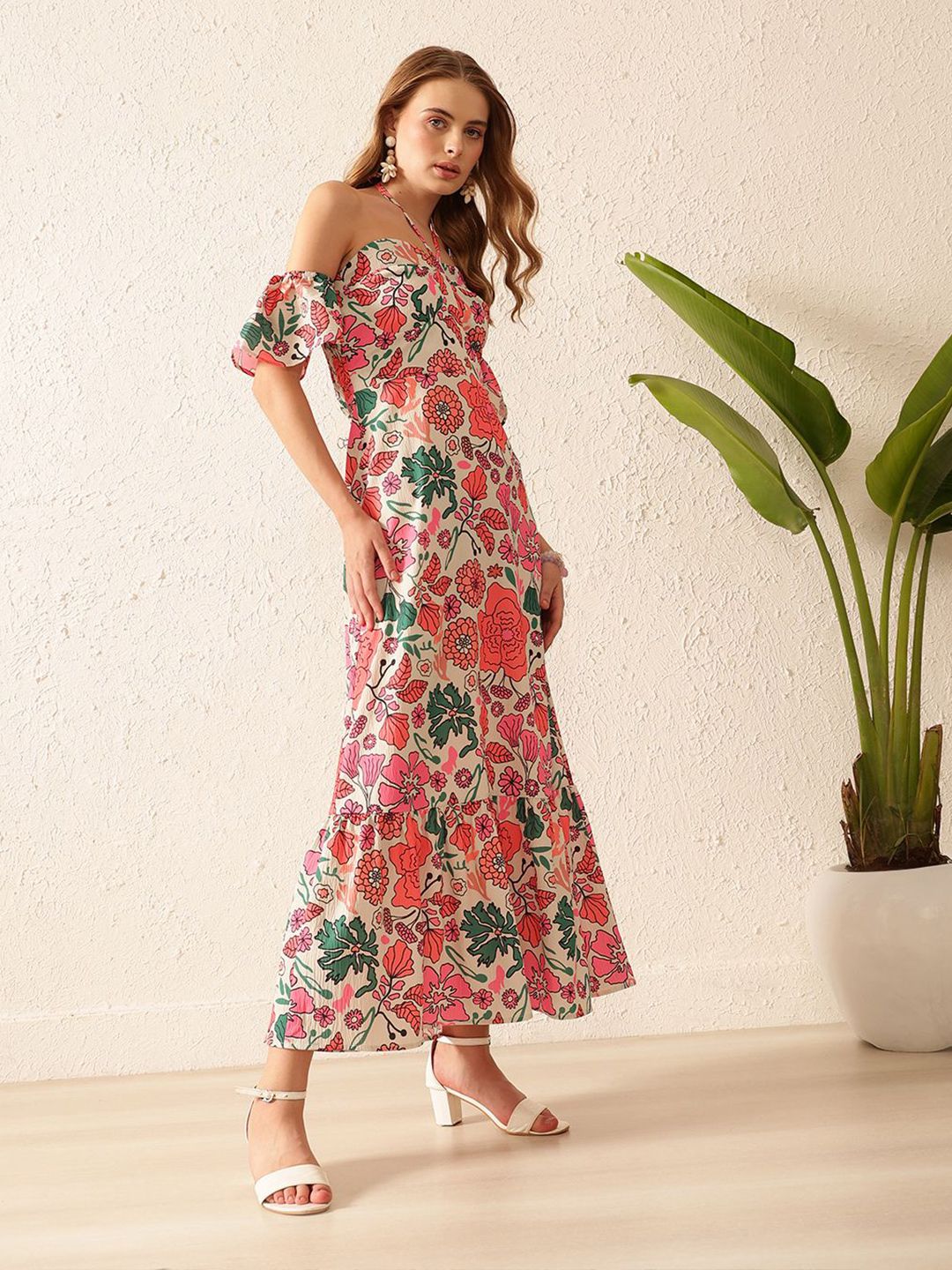 STREET 9 Floral Print Off-Shoulder Crepe A-Line Midi Dress