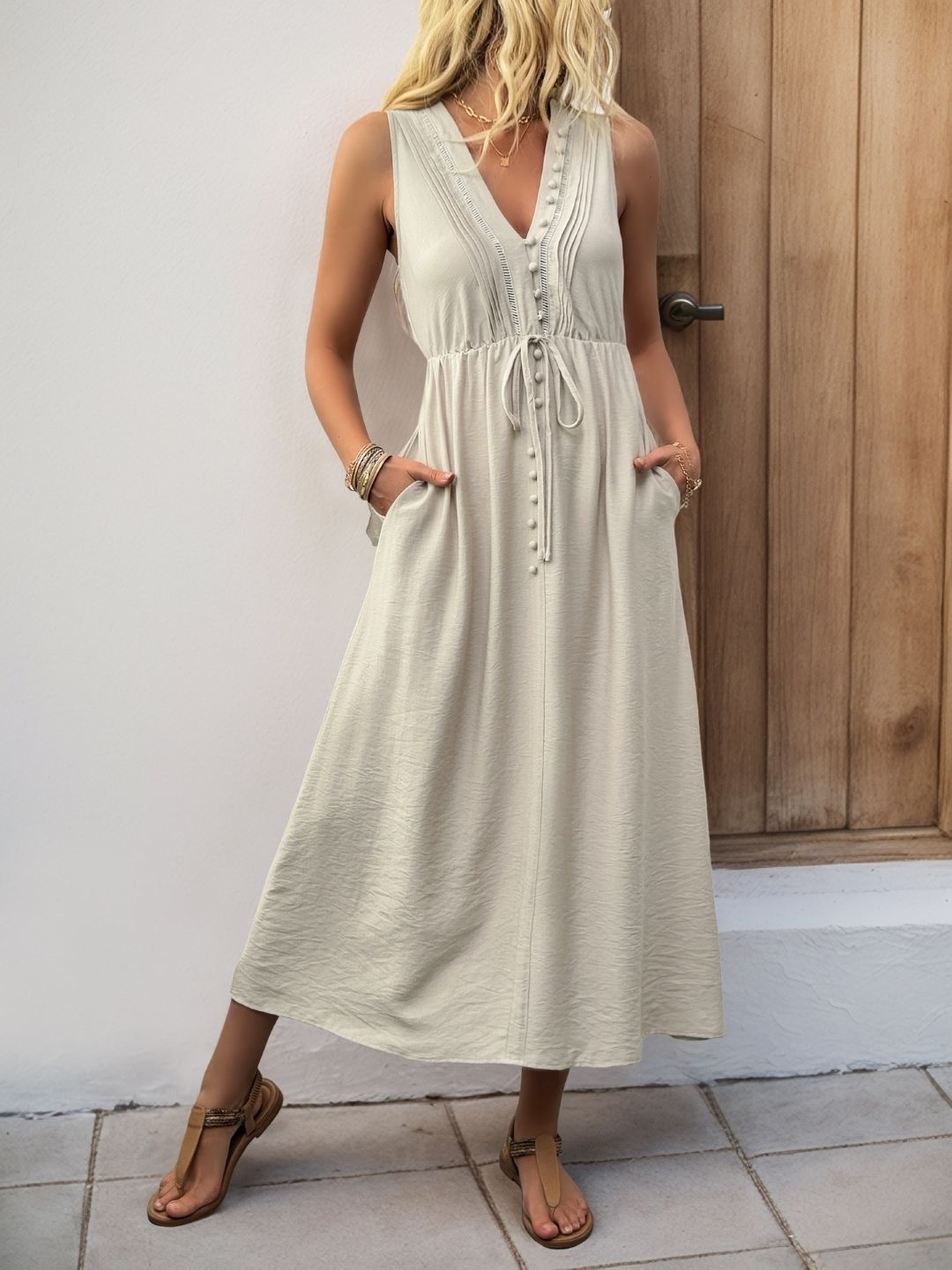 all about you Solid V-Neck A-Line Midi Dress