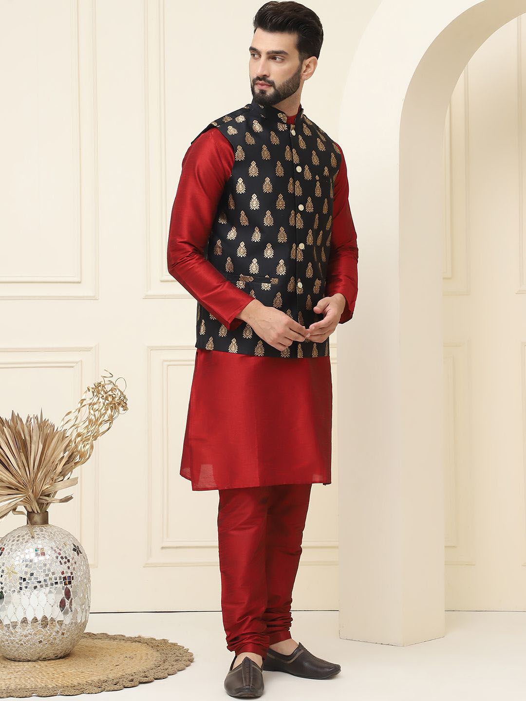 SOJANYA Mandarin Collar Silk Cotton Straight Kurta with Churidar & Nehru jacket
