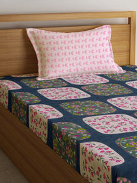 Aura Blue & Pink Floral Printed Flat 300TC Single Bedsheet With Pillow Cover