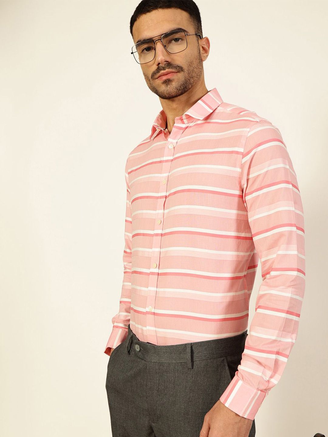 Thomas Scott Men Premium Spread Collar Striped Cotton Formal Shirt