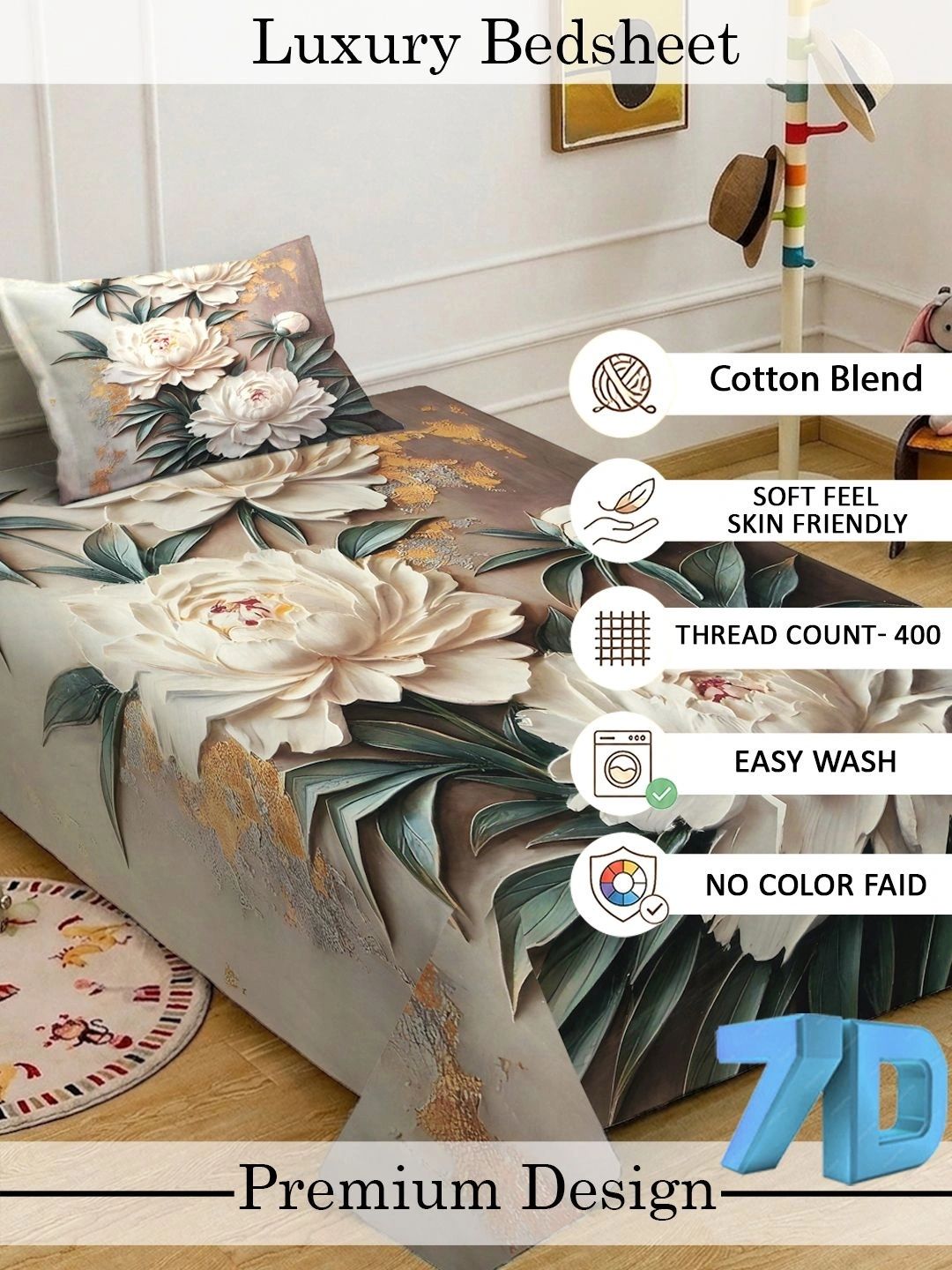 KLOTTHE Brown & White Floral Fitted 400 TC Single 7D Bedsheet with 1 Pillow Covers