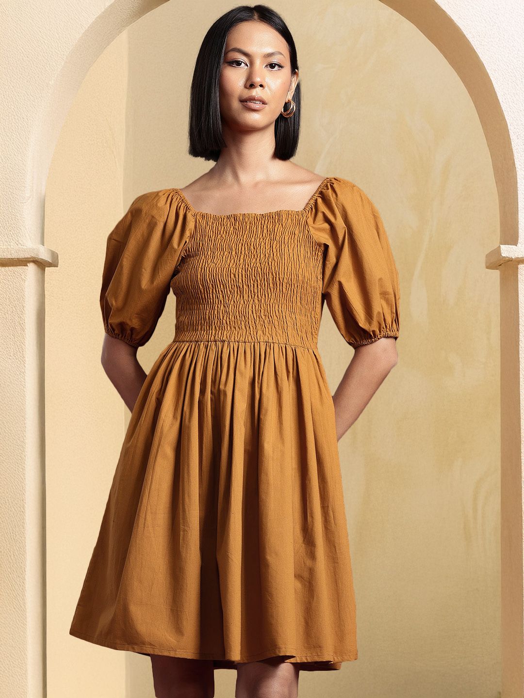 all about you Puff Sleeves Smocked Pure Cotton Fit & Flare Dress