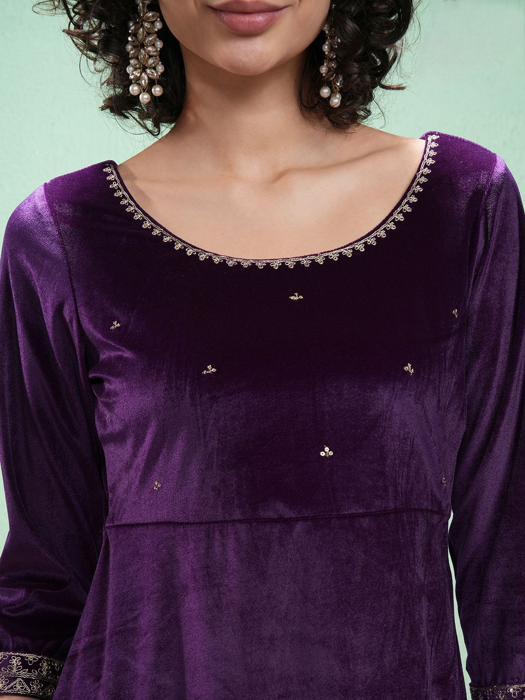 Vishudh Floral Yoke Design Zari Velvet A-Line Kurta With Trouser