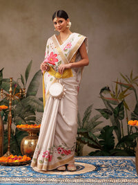 Silk Land Onam Special Floral Printed Kasavu Silk Saree