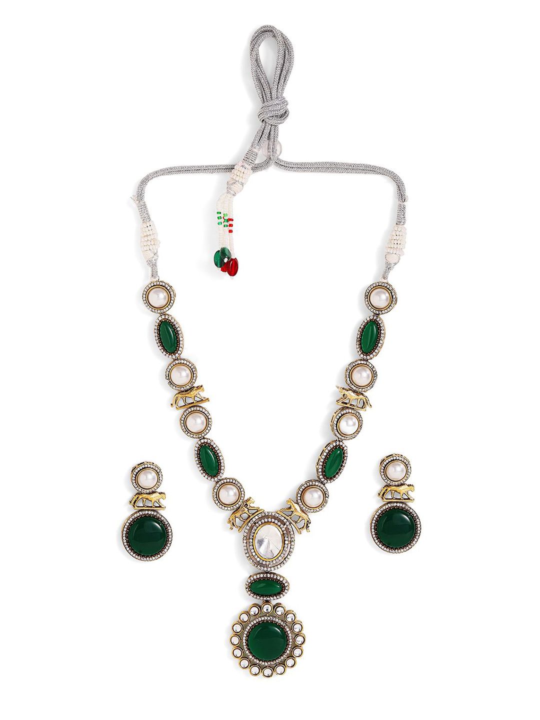 Priyaasi Gold Plated Ad Studded & Pearls Beaded Jewellery Set
