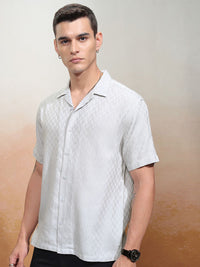 HIGHLANDER Men Dobby Textured Solid Cuban Collar Relaxed Shirt