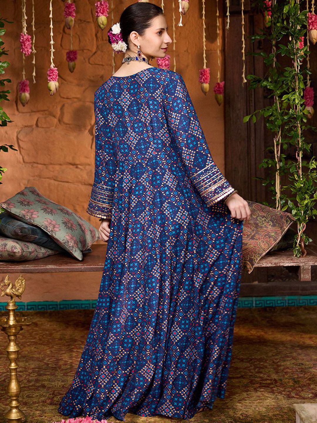Global Desi Women Floral Printed Square Neck Maxi Ethnic Dresses with Shrug