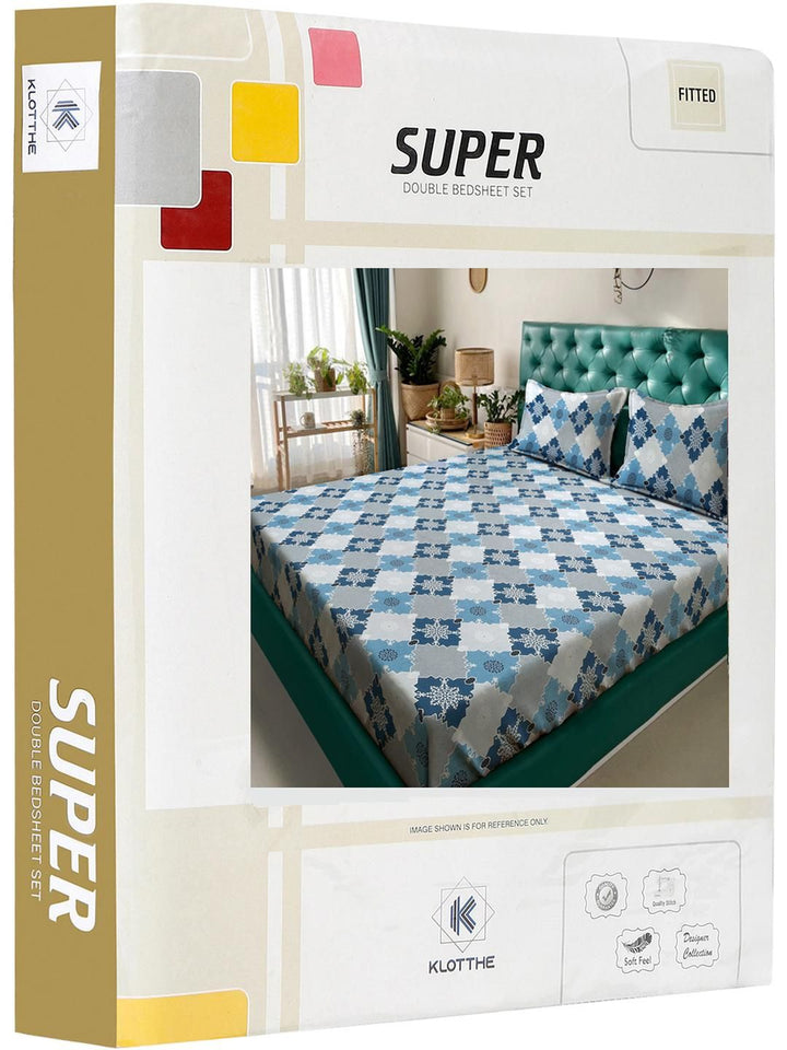 KLOTTHE Biru & Kelabu Geometrik Bercetak 400 TC Kapas Set Cadar King 2.50 m x 2.25 m