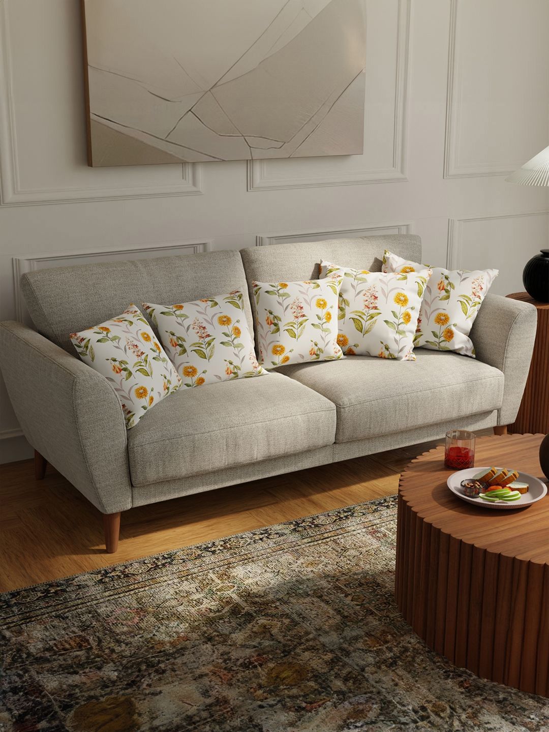 URBAN SPACE White & Green 5 Pieces Floral Printed Cotton Square Cushion Covers