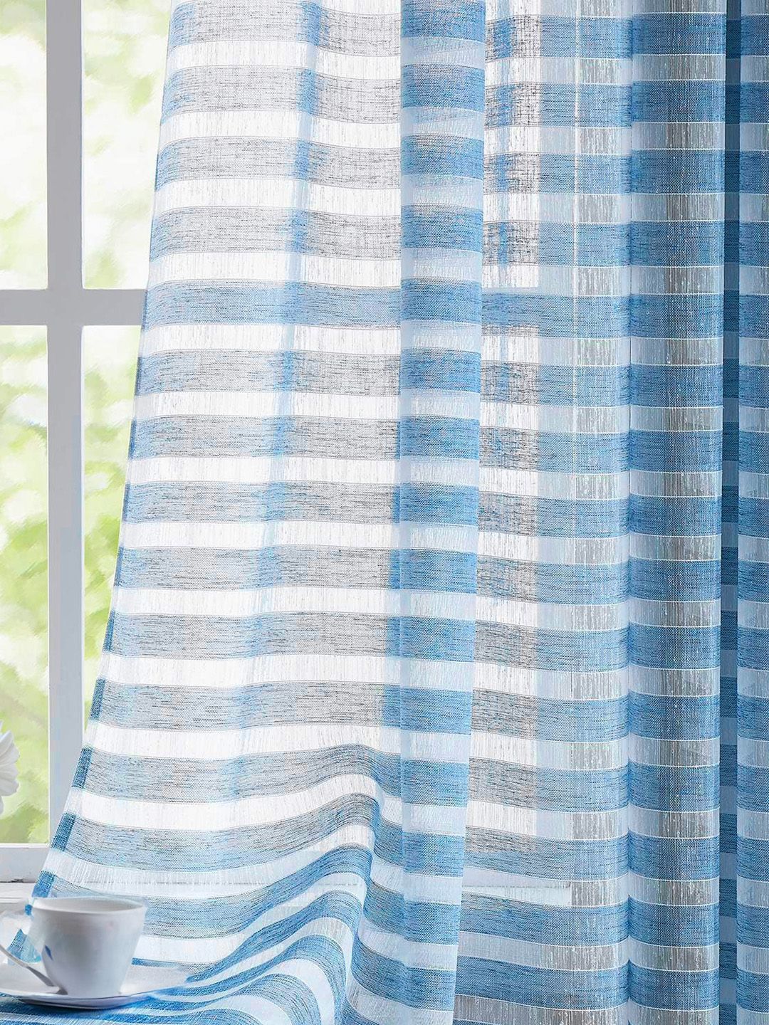 URBAN SPACE Blue & White 2 Pieces Striped Sheer Window Curtains