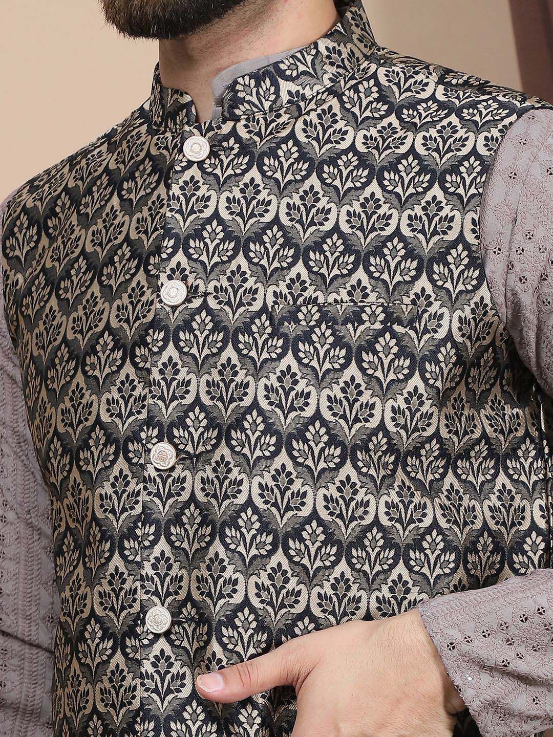 Kurta Lurus Kapas Tulen Sulam Bunga Anouk Dengan Jaket Churidar & Nehru