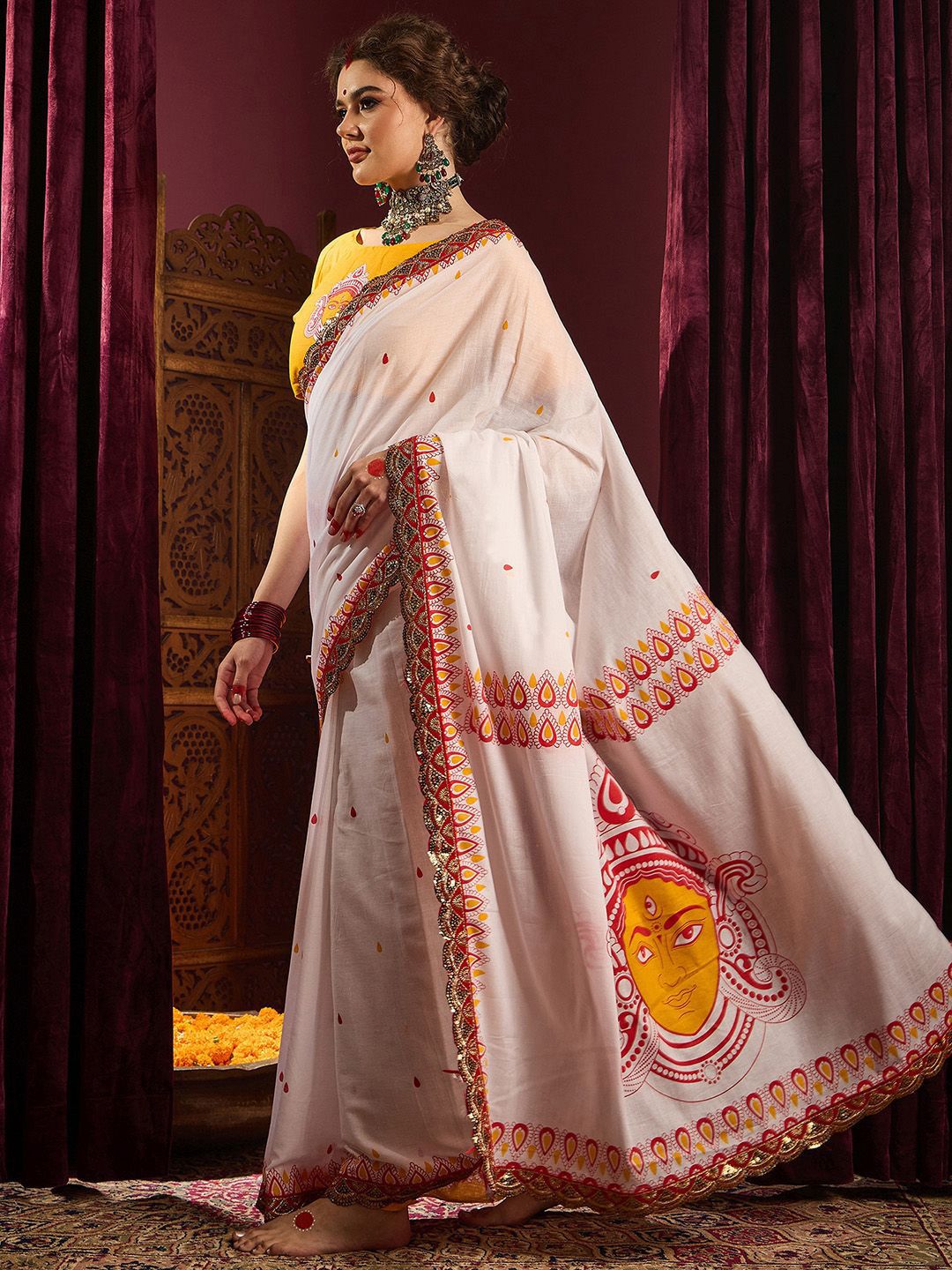 Saree mall Peach Cotton Ethnic Embellished Durga Puja Saree