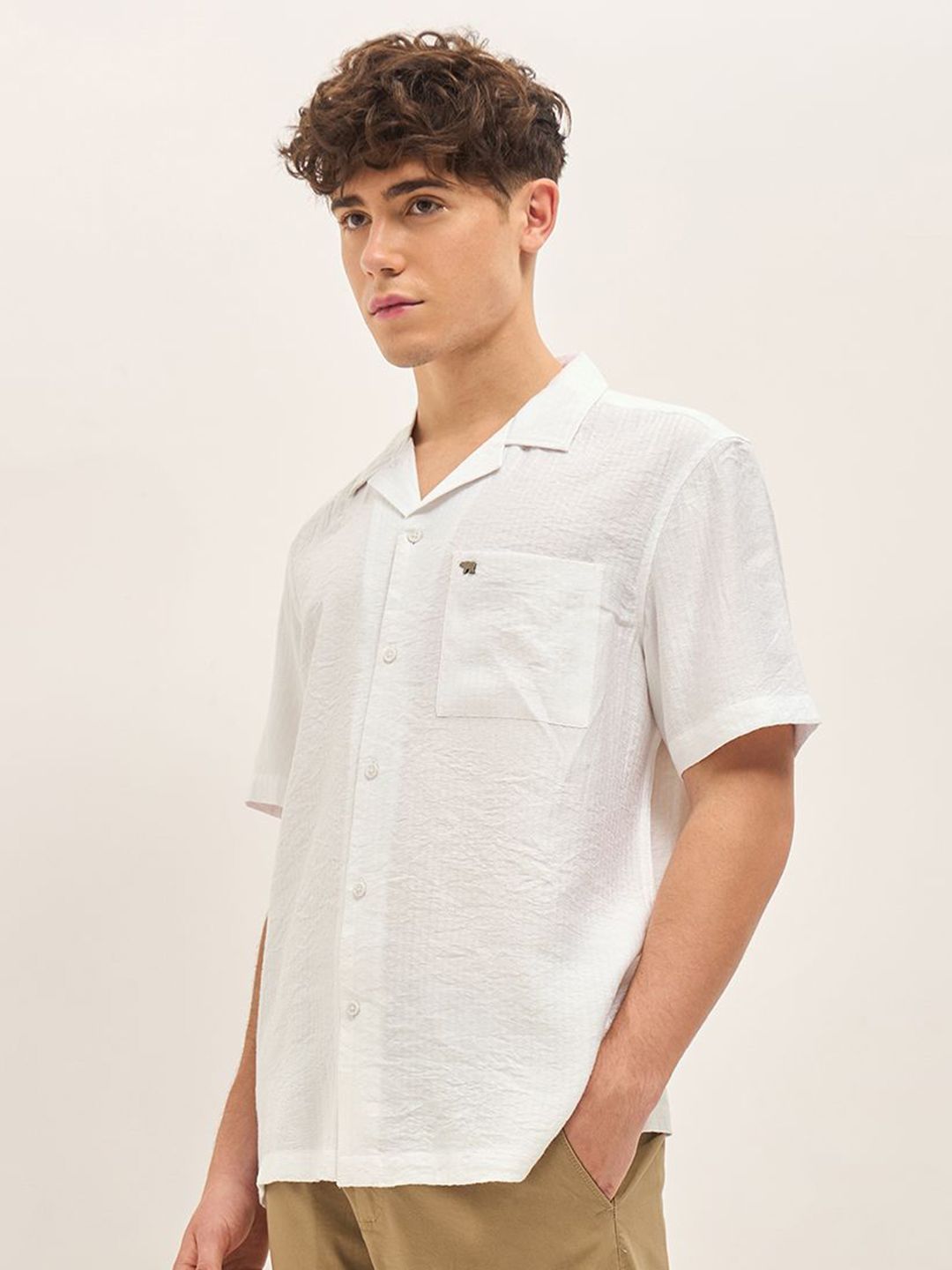 THE BEAR HOUSE Men Cuban Collar Solid Nylon Casual Shirt